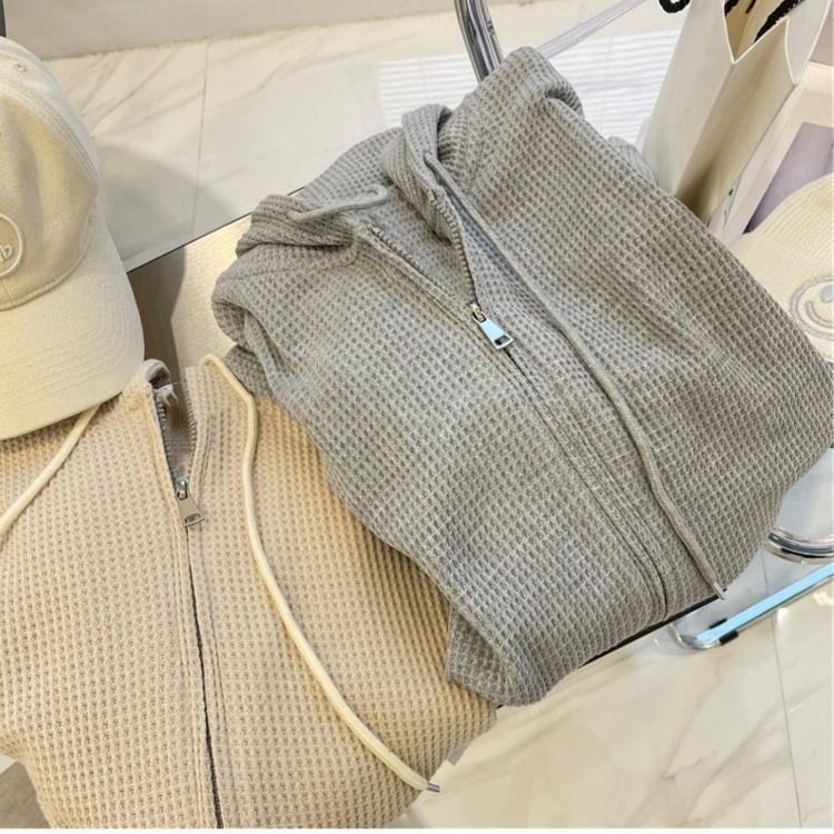 Hooded Waffle Jacket Comfortable Slim Womens Design Fit Autumn Spring Sweatshirt Niche