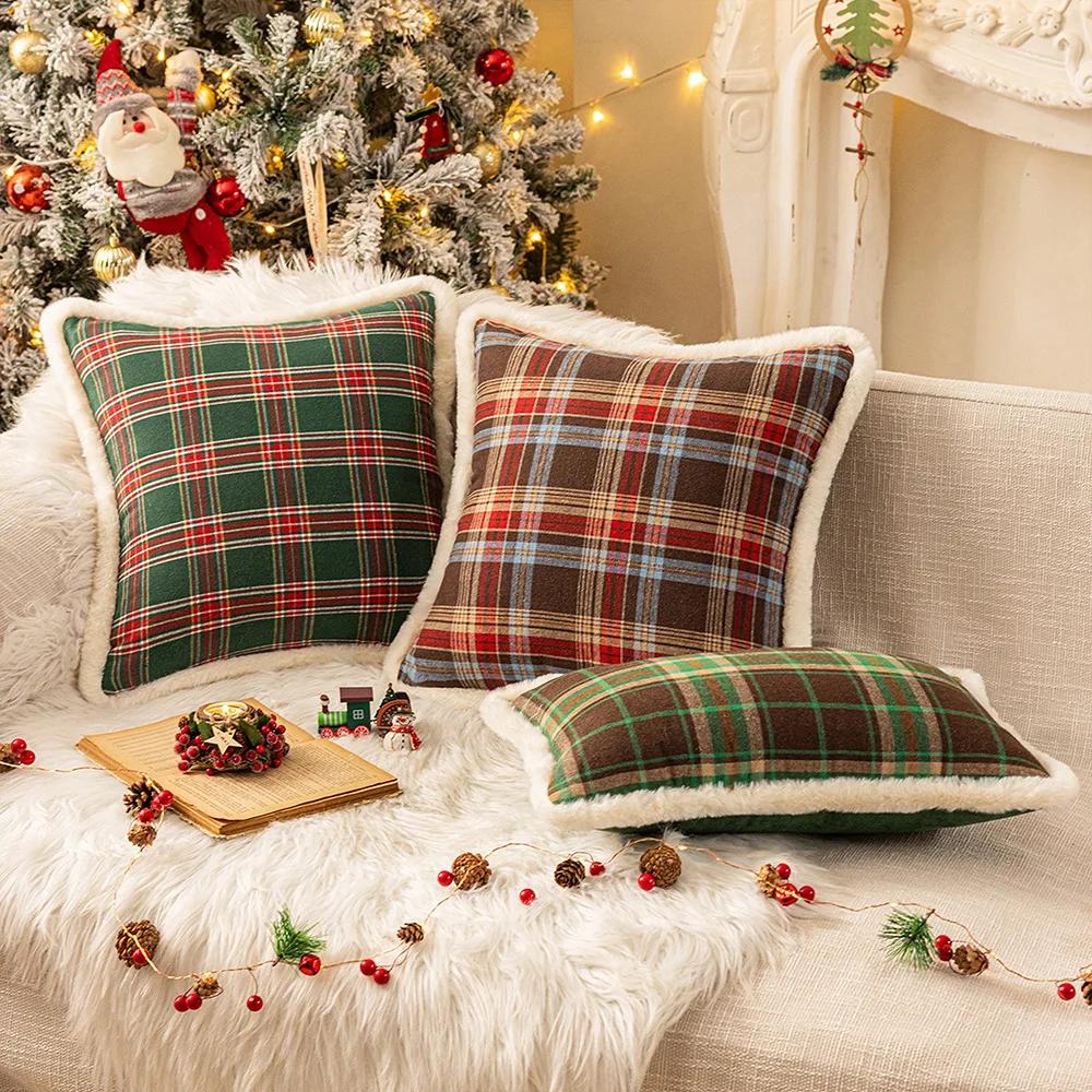 New Christmas Plaid Plush Edge Pillowcase, Winter Imitation Rabbit Fur Living Room Sofa Cushion New Christmas Party Decoration