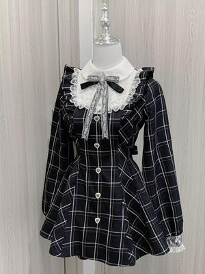 Harajuku Süße Schleife Schwarz Karierte Kleider All-Match Slim Fit Kawaii Lolita Kleid für Damen Herbst Langarmkleid