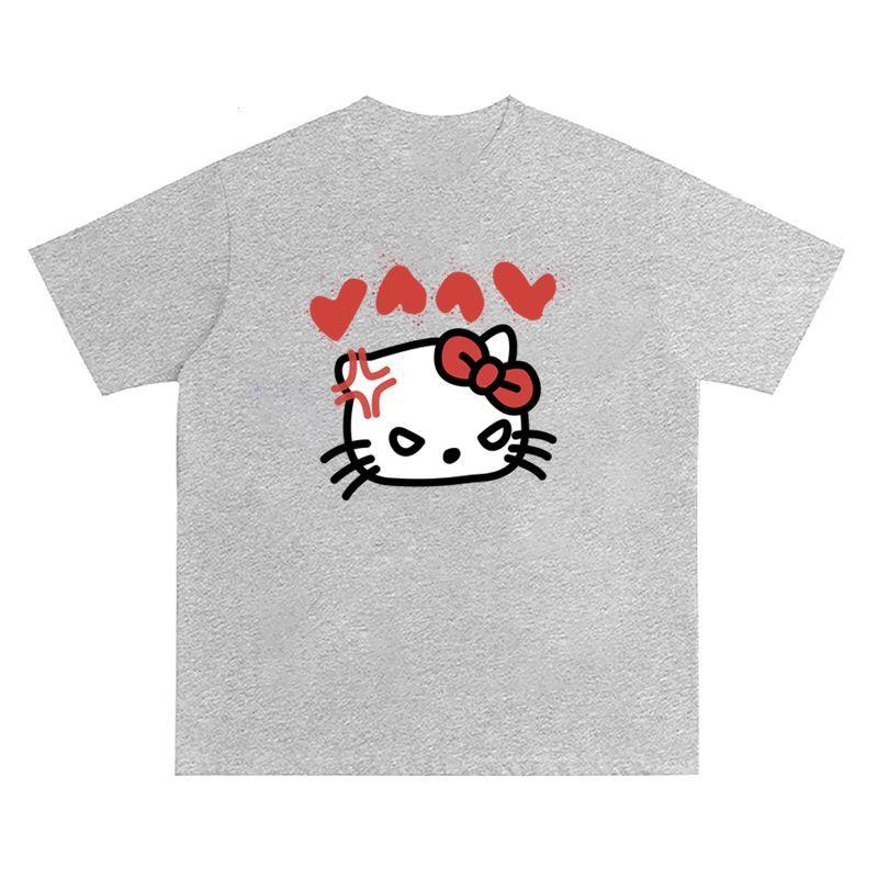 Cute and Angry Kitty Cat Hello Kitty Design Couple Style ShortSleeved TShirt Heavyweight Instagram Top S
