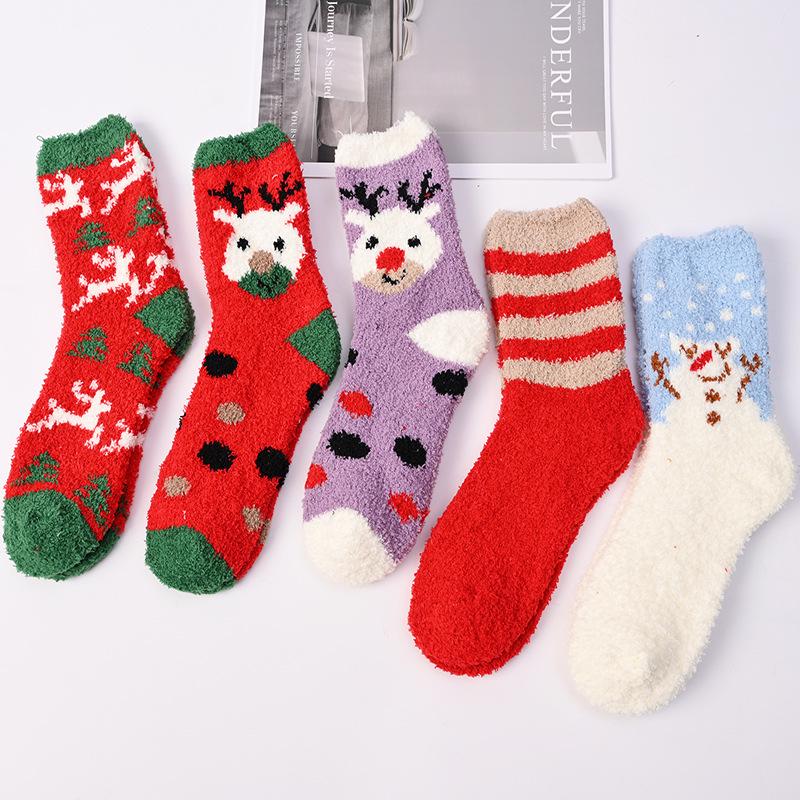 Customizable Women's Winter Coral Fleece Socks - Thick, Christmas Red, Half-Velvet for Home and Sleep