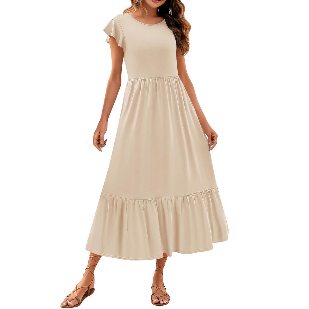 Damen Sommer Freizeitkleider Kurzarm Rundhalsausschnitt Locker Fließendes Strandkleid Mit Taschen