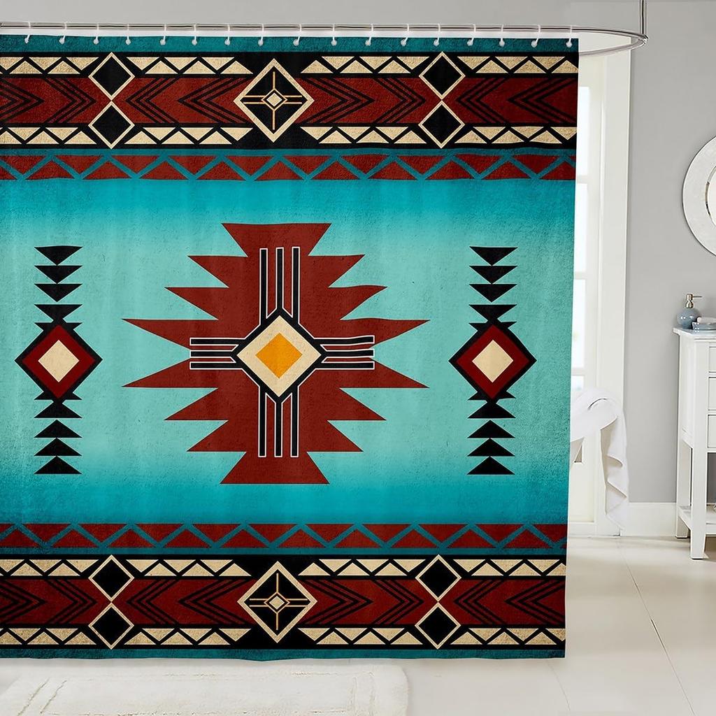 Southwest Shower Curtain, Geometric Aztec Tribal Pattern Bathroom Curtain Vintage Striped Western Waterproof for Kids Girls