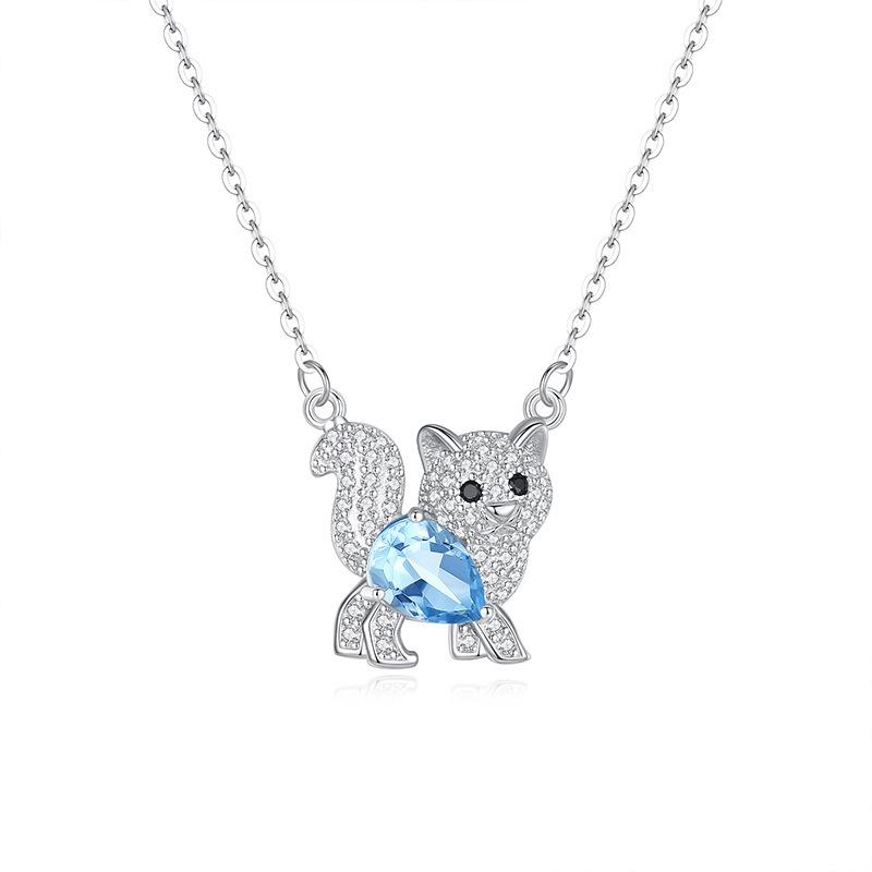 S925 Silver Cat Pendant Necklace Natural Crystal Choker Chain for Women
