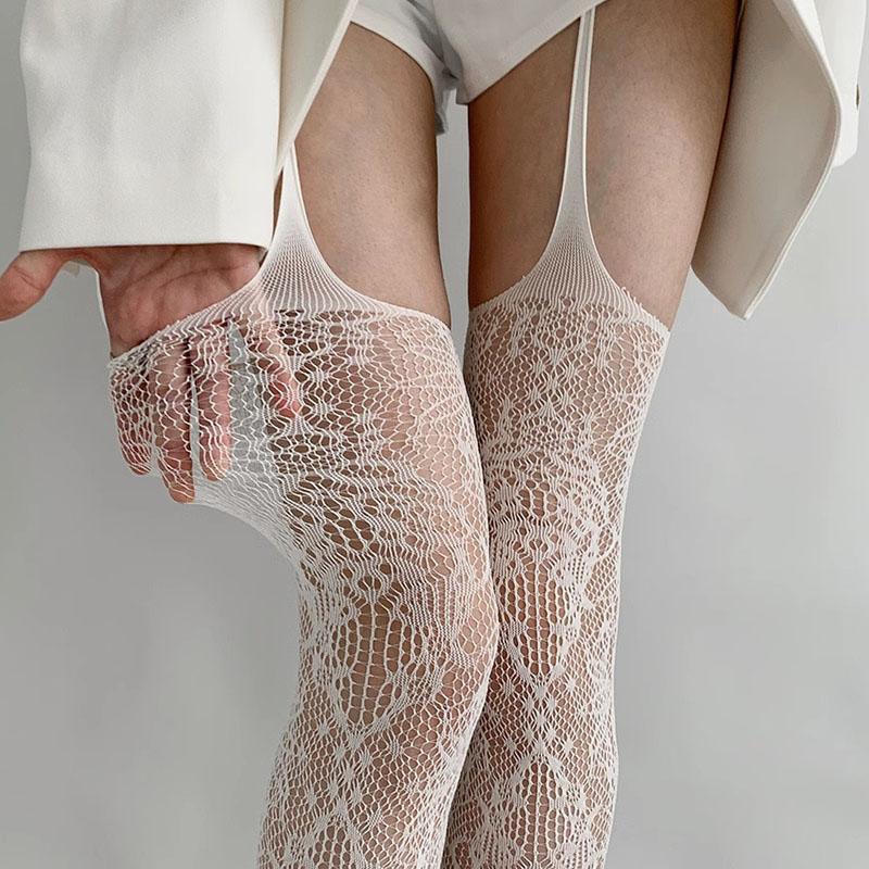 

New Print Sheer Fishnet Stockings Women Sexy Colored Hollow Out Thigh High Socks Gothic Lolita Japanese Over The Knee Tights elastic