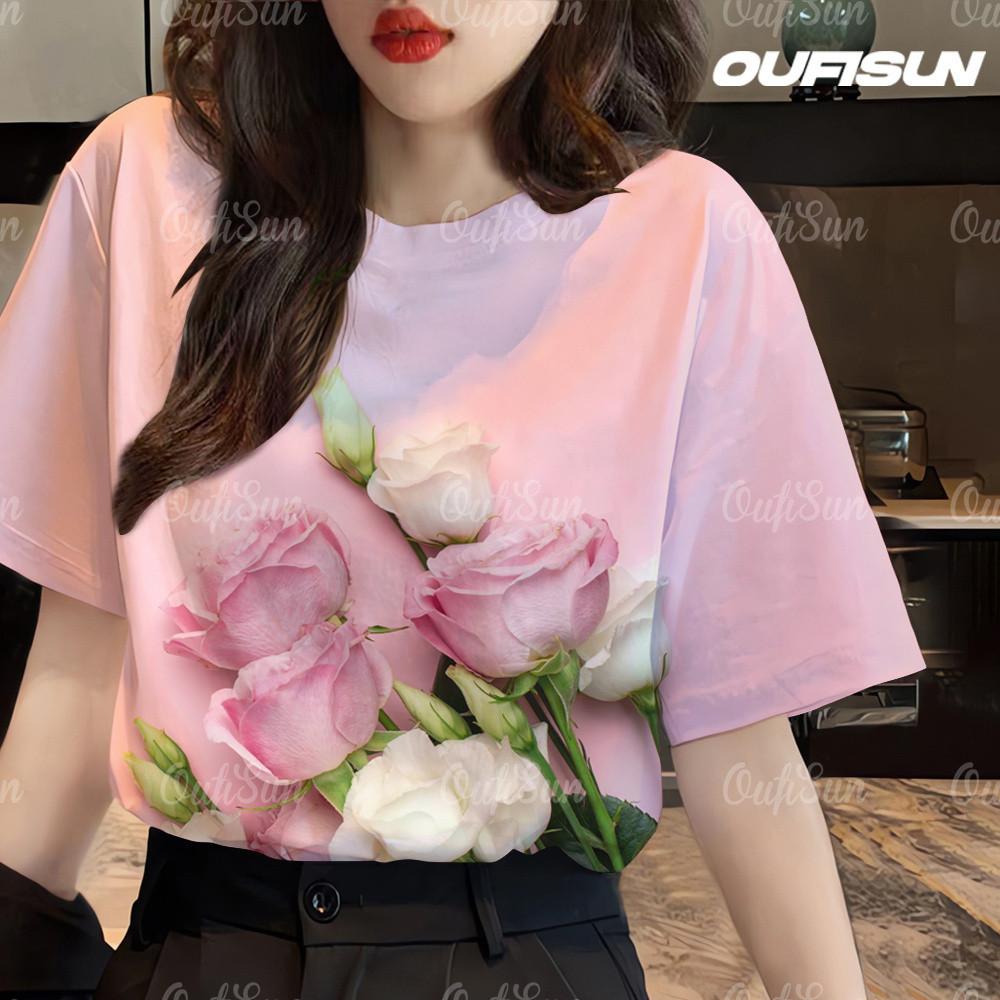 

Women s round neck short sleeved flower T-shirt with Hawaiian flower design 6XL