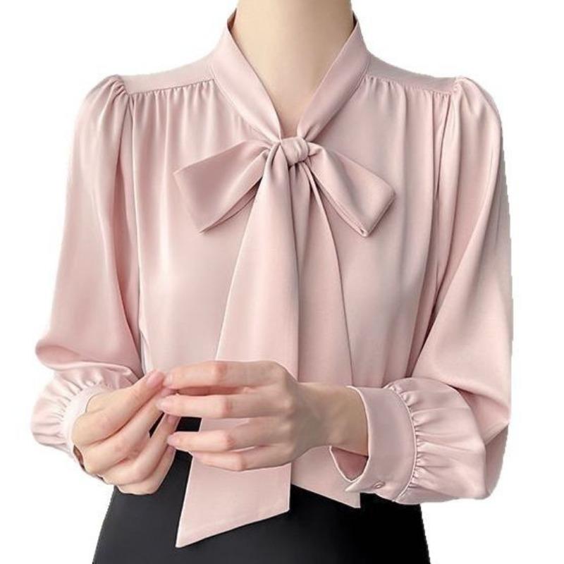 Women's Bow Satin Long Sleeved Shirt Women's Professional Temperament Ribbon Shirt