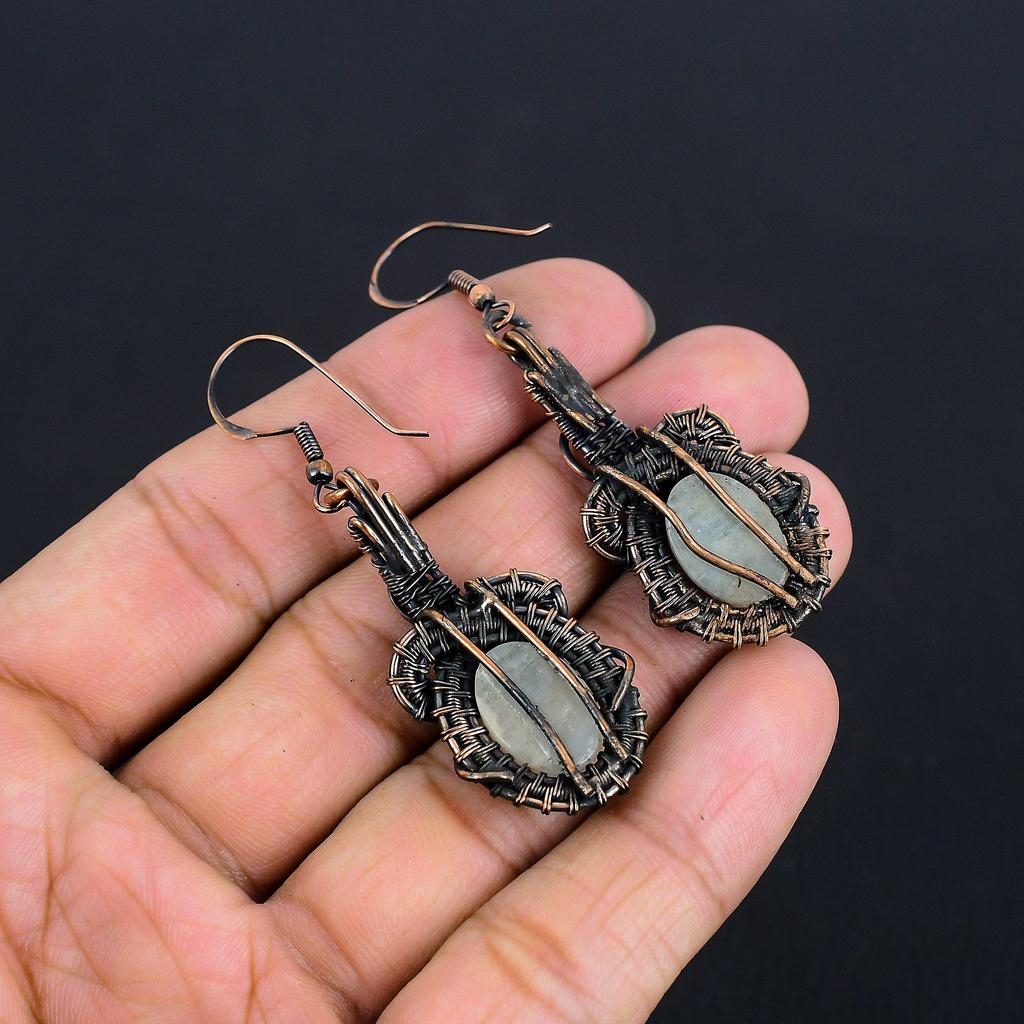 Aquamarine 999 Copper Wire Wrapped Earrings, Handmade Gemstone Earrings Jewelry, Gifts For Wife Brand New Earrings