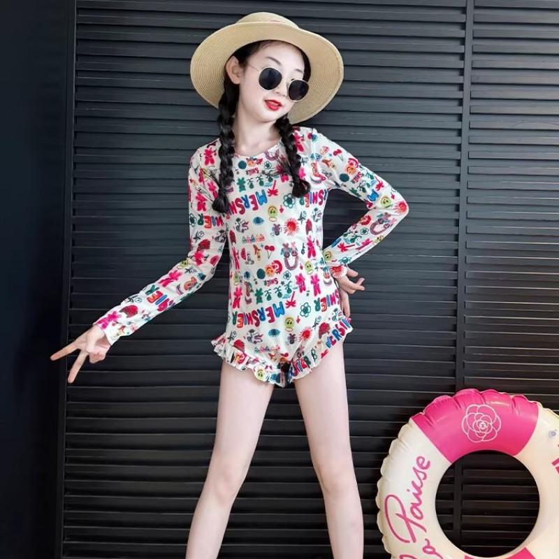 Girls Long Sleeve One-Piece Swimsuit With Floral Print Ruffled Hem Front Zipper UPF Protection Quick-Dry