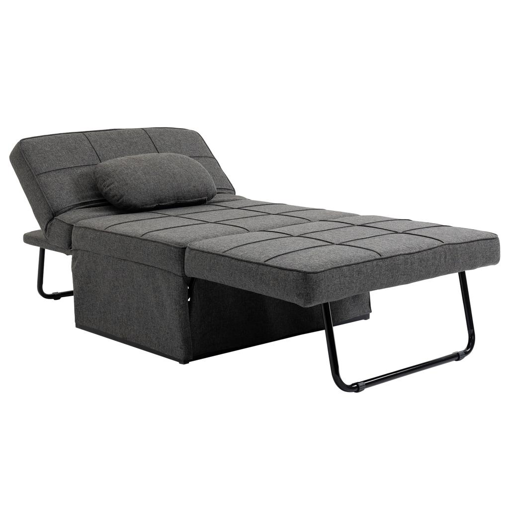 4-in-1 Single Armchair Convertible Chair Bed Pouf Reclining Backrest 5 Levels Folding Footrest, Load 200 Kg, Metal Frame and Linen Fabric Gray