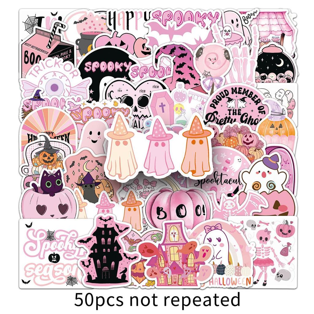 50 Pink Halloween Waterproof Stickers for DIY Cards, Journals, and Festive Decorations