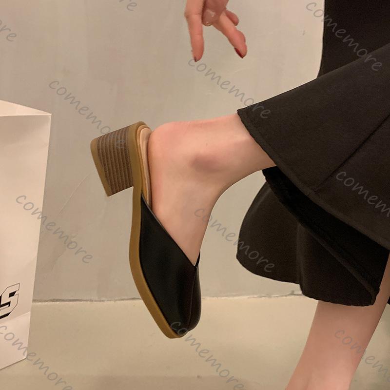 Fashion Comemore Woman Women Slip On Mules Baotou Slippers Casual Spring Summer Chunky High Heels Square Toe Solid Half Slipper Sandal