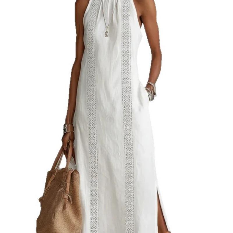 Mode Ärmelloses Spitzenkleid Neu Einfarbige O-Ausschnitt Locker Lang Party Elegant Sommer A-Linien-Kleid Damen Süß Schlitz Lässig Damenbekleidung