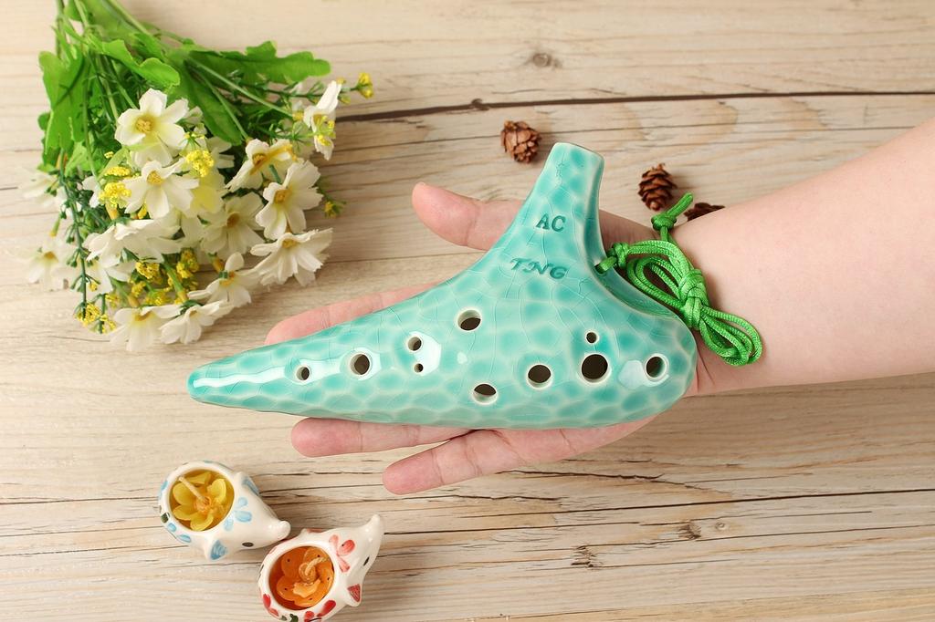 TNG Ocarina Instrument [Alto/C/AC / 12 Holes / Emerald] (with Strap) Glazed Finish Ocean Wave Pattern