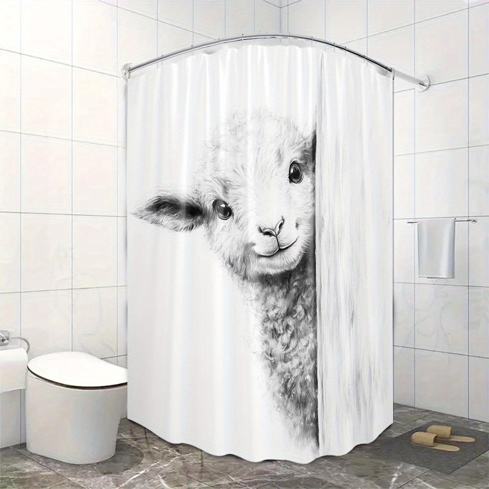 Adorable Lamb Shower Curtain - Cute Fluffy Sheep Peeking, Monochrome Style, Washable Polyester, Bathroom Or Garden Decor