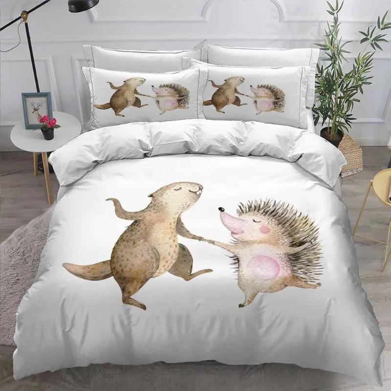 Printed Flower Hedgehog Duvet Cover Set Super Soft Comfortable 100% Polyester Bedding Set Cute Cartoon Kids Bed Linens Girl Boy