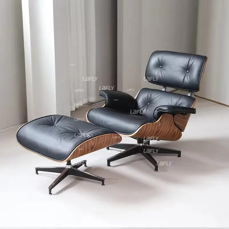 \vEU Stock Classic Reclining Armchair - Light Walnut, Light Brown/Black Cowhide, Large Headrest & Footrest, Swivel Lounge Chaise Longue Furniture