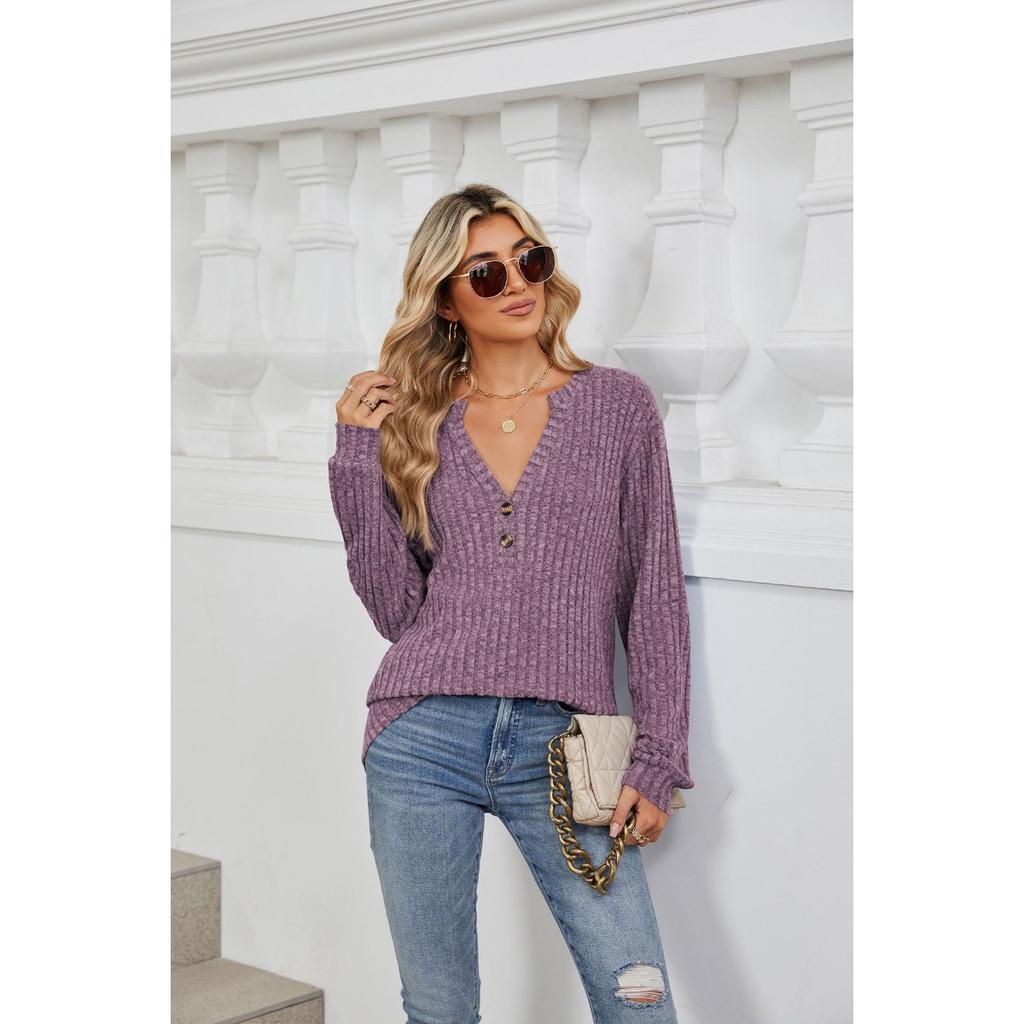 Fall Winter New Women's Solid Color Ribbed Brushed Button Loose Long Sleeve T-shirt Amazon Cross-border European American Style
