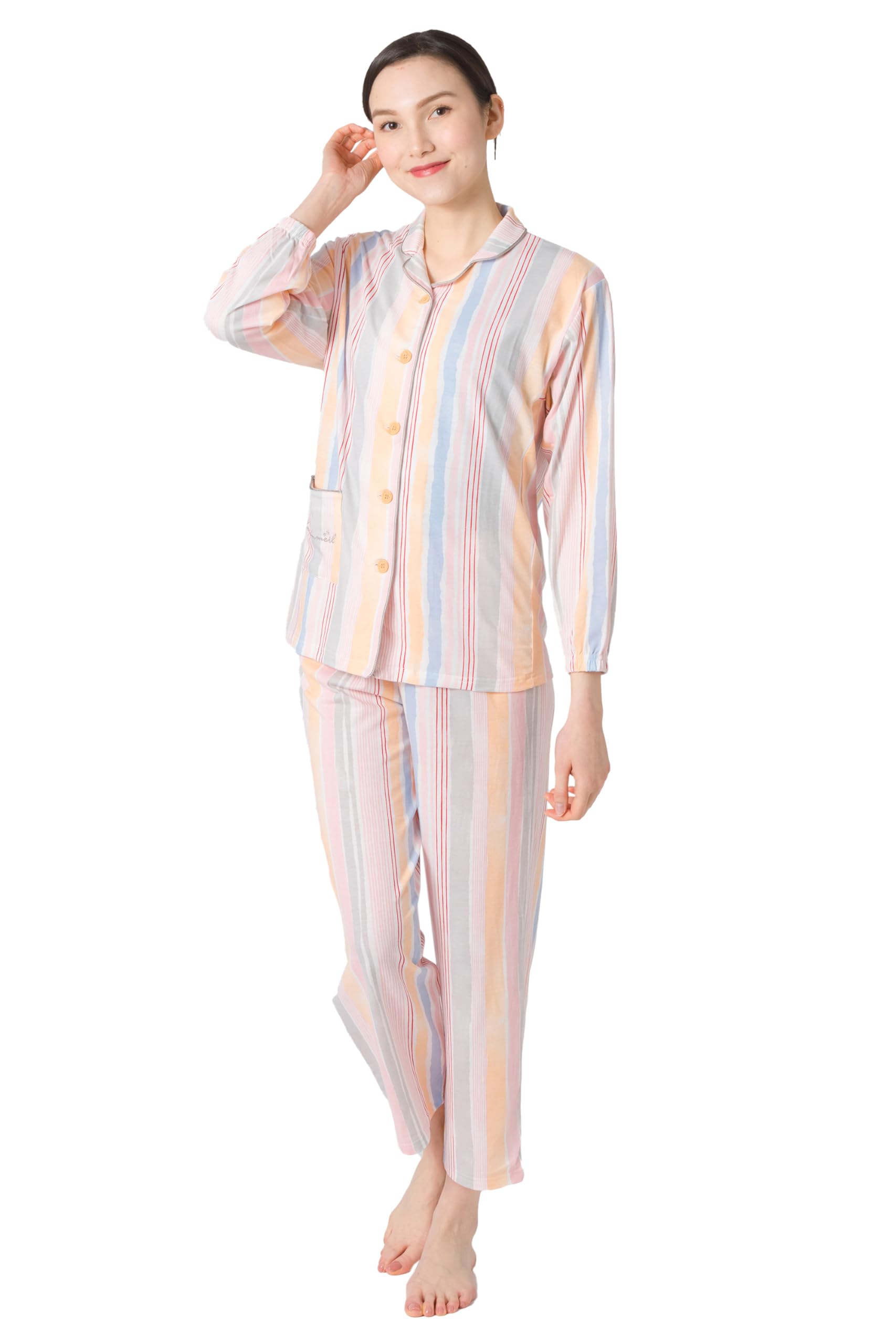 

Длинный рукав, хлопковая смесь, верх и низ, открытый сон, комфортный дизайн для сна [Bon Sommeil] Женский комплект, перед, хлопок, (S, многополосный)