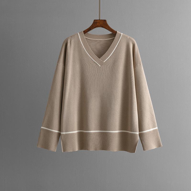 Fall Winter Lazy Wind Loose V-Neck Pulllover Sweater Suit Women's Solid Color Long Sleeve Knit Wide Leg Pants Two Piece Set