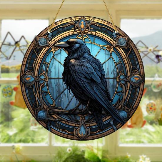 Yousheng Crow Stained Glass Suncatcher, Gothic Raven Acrylic Window Hanging Decor with Chain for Home, Garden, Indoor Outdoor