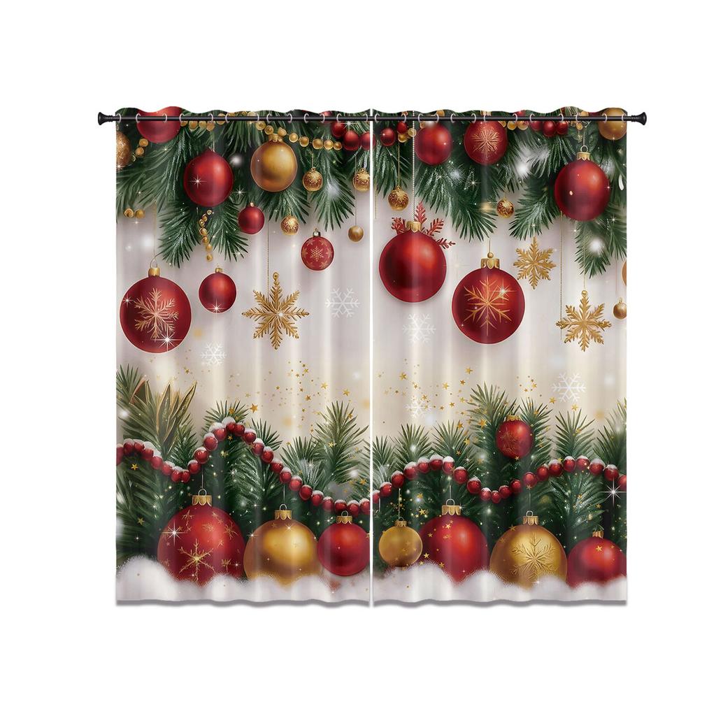 Color Christmas Ball Printed Perforated Curtains Insulation Multi Size Living Room Bedroom Holiday Decoration Set Of 2 Made Polyester Decor