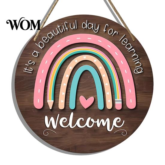 Farmhouse Classroom Sign Wooden Welcome for Door, to Our Round Smooth Surface Door Plaque Hanger, Front Hanging Sign, Back School Preschool Decoration