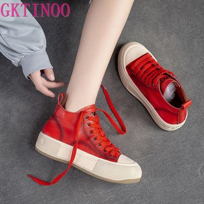 Fashion GKTINOO Spring Autum High Top Women Sneakers Genuine Leather Lace-Up Casual Shoes Handmade Concise Platform Sneakers