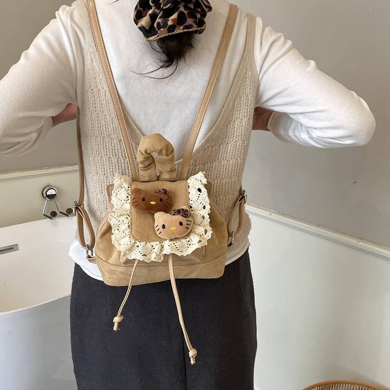 Schoolbag Korean version of high-value cartoon plush doll retro lace backpack women's fashion versatile foreign style travel small backpack