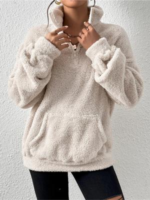 Ladies' Autumn Casual Plush Style Solid Color Stand Up Collar Zipper Sweatshirt