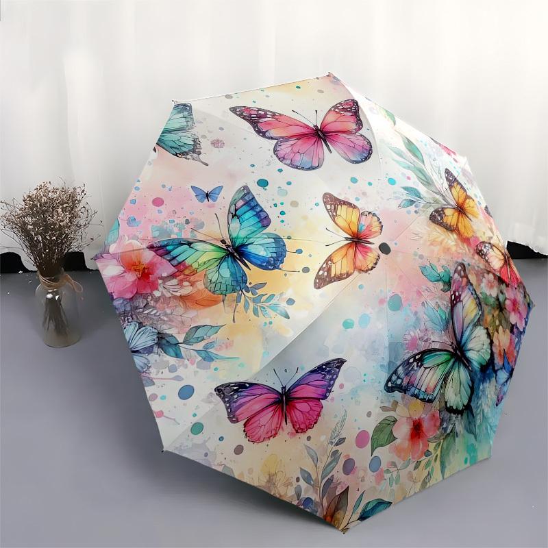 1pc Colorful Butterflies Watercolor Floral Umbrella with Plastic Handle,Vibrant Cartoon Pattern,Multi-functional UmbrellaB1977