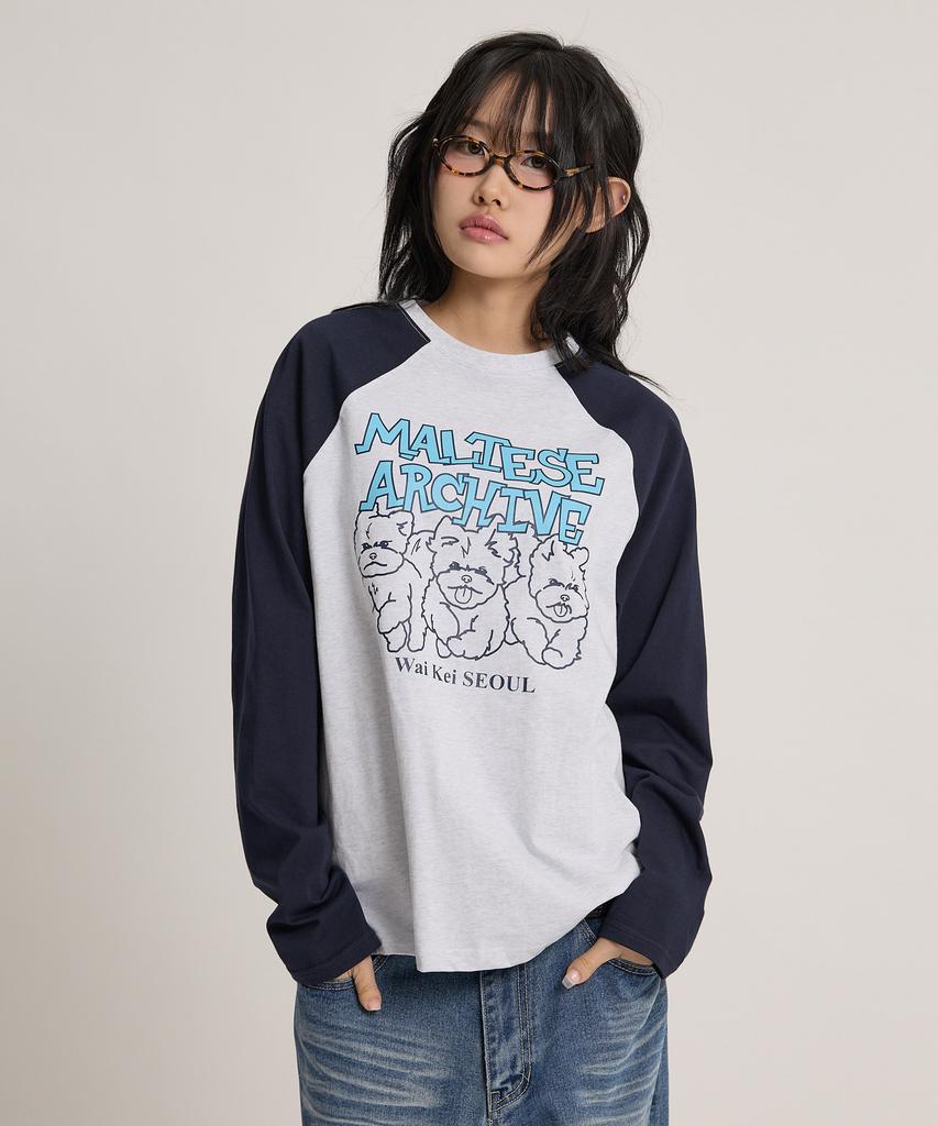 WAIKEI Maltese Archive Line Graphic Raglan Long Sleeve T-Shirt Melange White