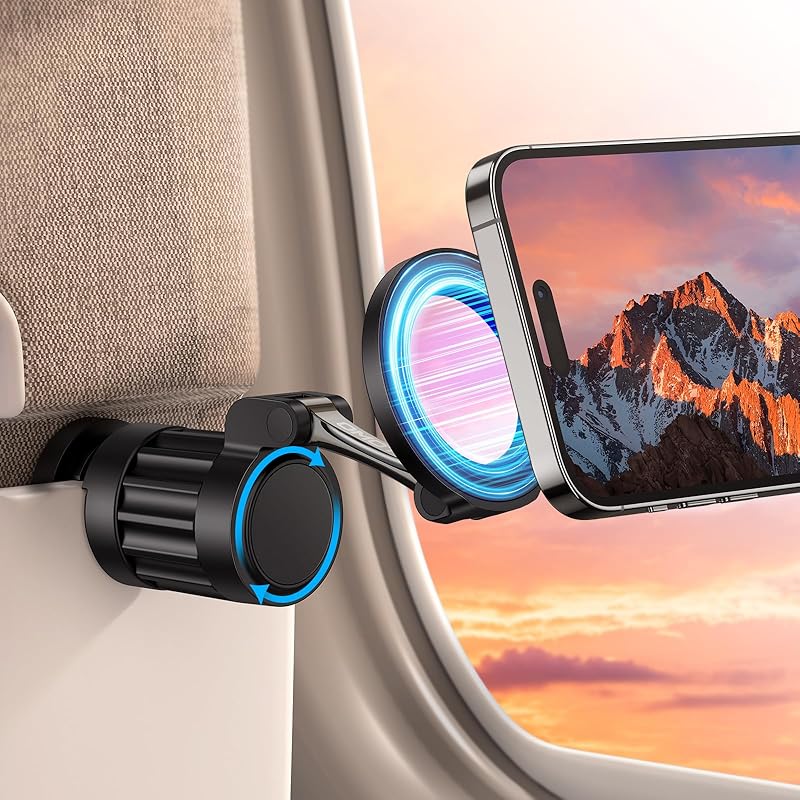 OMOTON 360°Rotating Magnetic Airplane Phone Holder Mount, for Magsafe Airplane Travel Essentials Accessories, Adjustable Foldable Universal