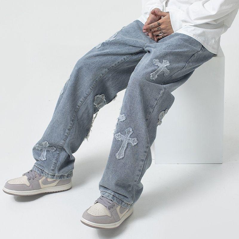 Men Cross Applique Hip Hop Loose Straight Wide Leg Casual Denim Jeans