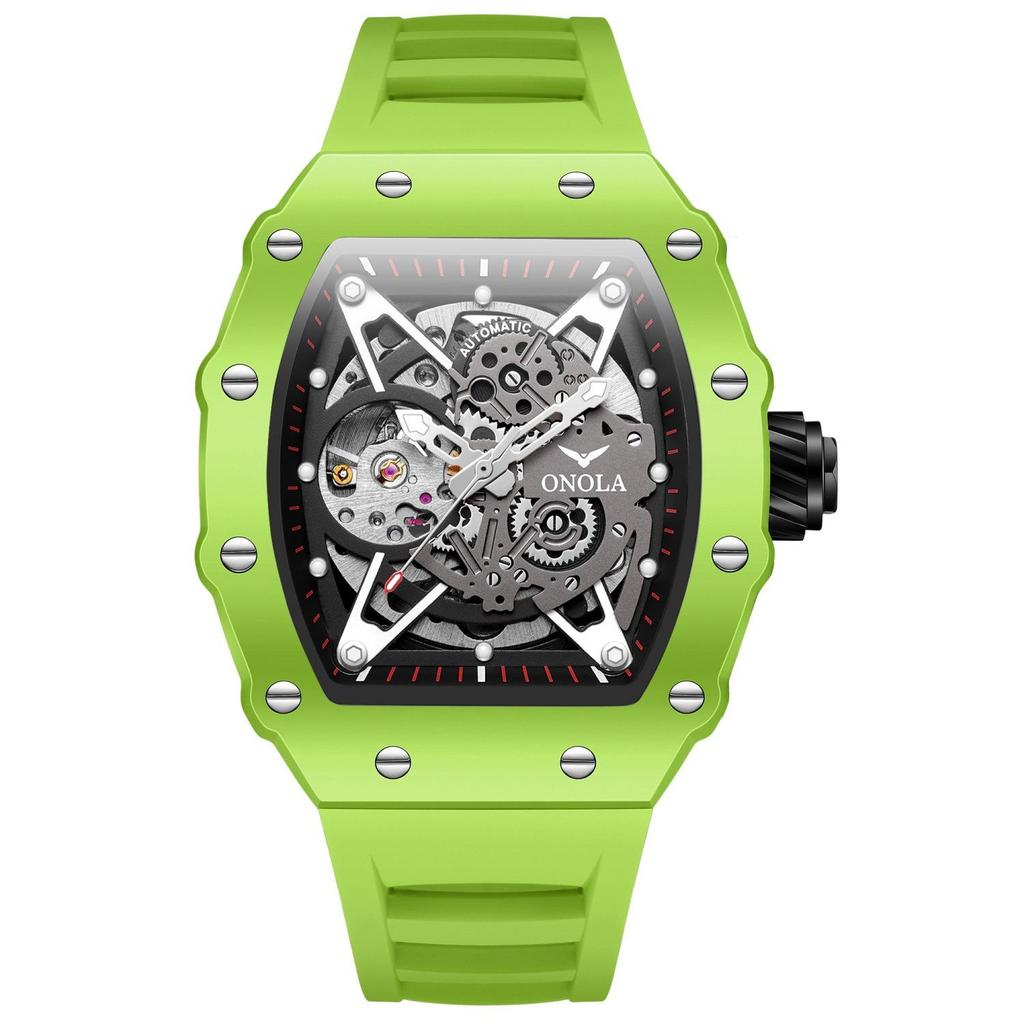 Automatic Skeleton Watch Mens Waterproof Luminous Tonneau Mechanical Wrist Watch Silicone Band