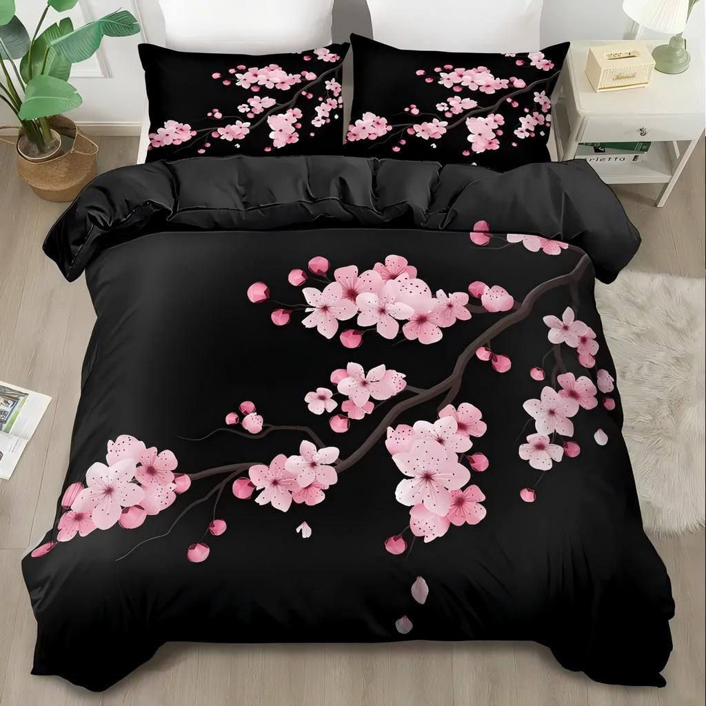 Comforter Japanese Pink Cherry Blossoms 3D Printed Set Fashion Art Exquisite Bedding Set Home Textiles S