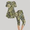Women Plus Size Round Neck Short Sleeve Blue Floral Printed Flared Top And Capri Pants Two Piece Pajama Set