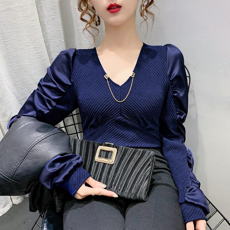 Korean Winter V-neck Pleated Puff Long-sleeved Top Versatile Pullover T-shirt for Women