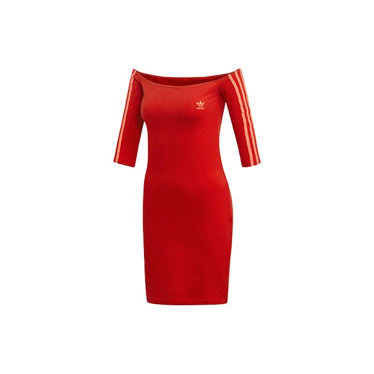 

Adidas Originals Women Tight Fit Off-the-Shoulder Three-Quarter Sleeve Cotton Blend Casual Lifestyle Dress Scarlet ED7522 32