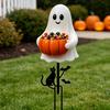 Decorative Soil Insert Signs Halloween Ghost Candy Bowl Garden Stake, 2D Flat Pumpkin Holder with Cat Spooky Bucket Sign And Bats, Trick or Treat