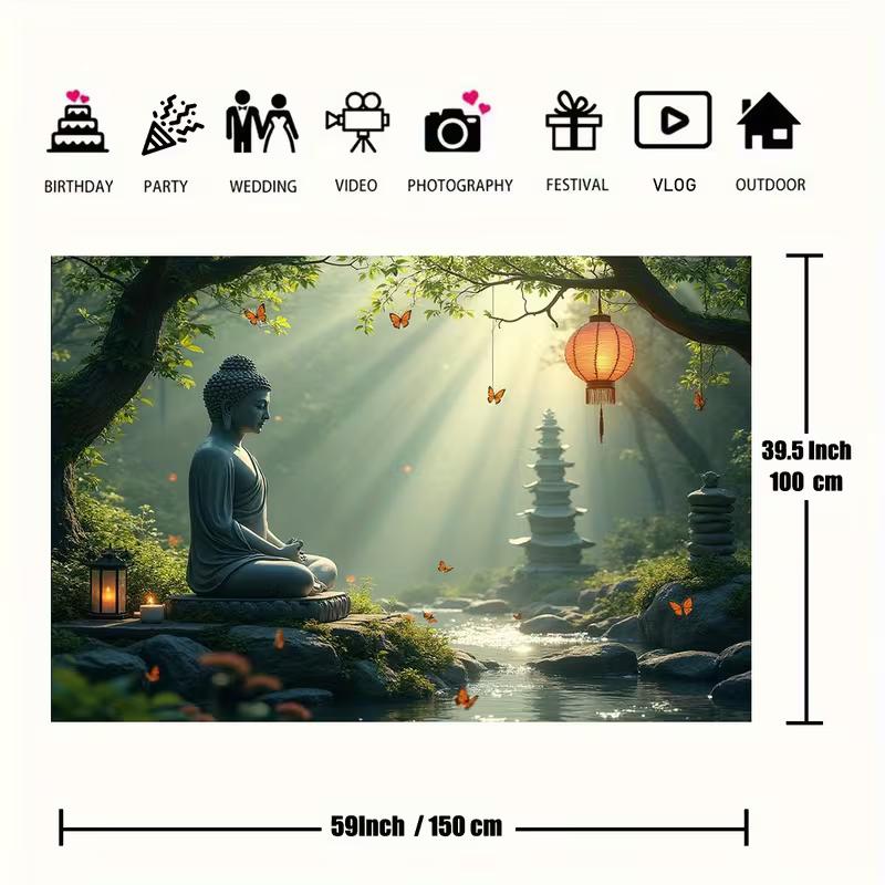 2D Serene Buddha Forest Wall Hanging, Peaceful Zen Garden Waterfall Background Cloth