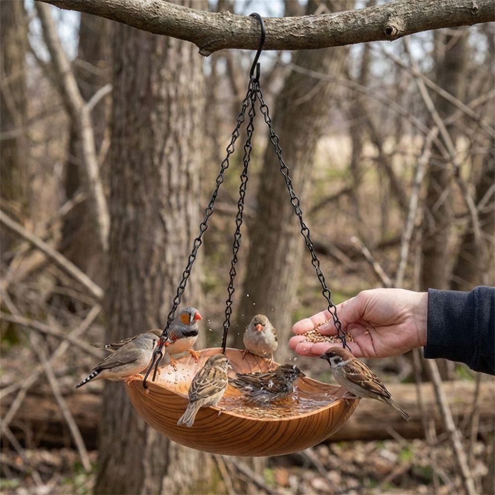 Retro Style Wood Grain Bird Feeders S Hooks Open Bowl-shaped Hanging Bird Bath Thickened Iron Chains Plastic Bird Bathtub