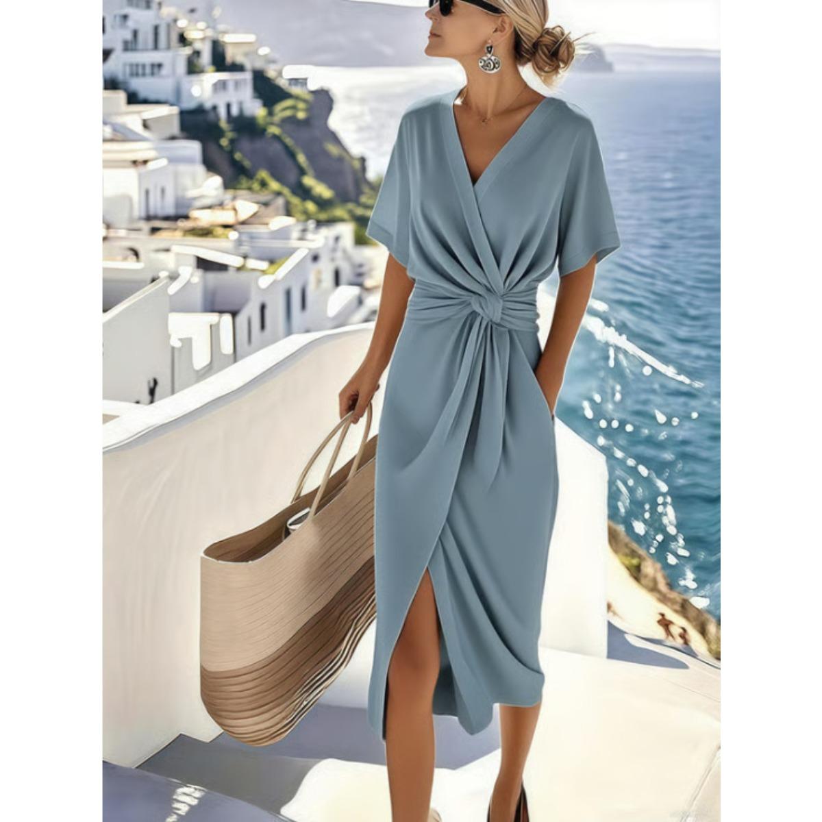 Women s V Neck Twist Knot Wrap Midi Dress Short Sleeve Split Satin Cocktail Dress S павлин голубой