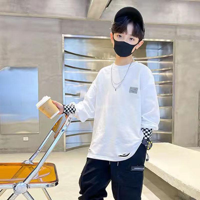 T-shirt blanc à manches longues et col rond pour enfants garçons, automne