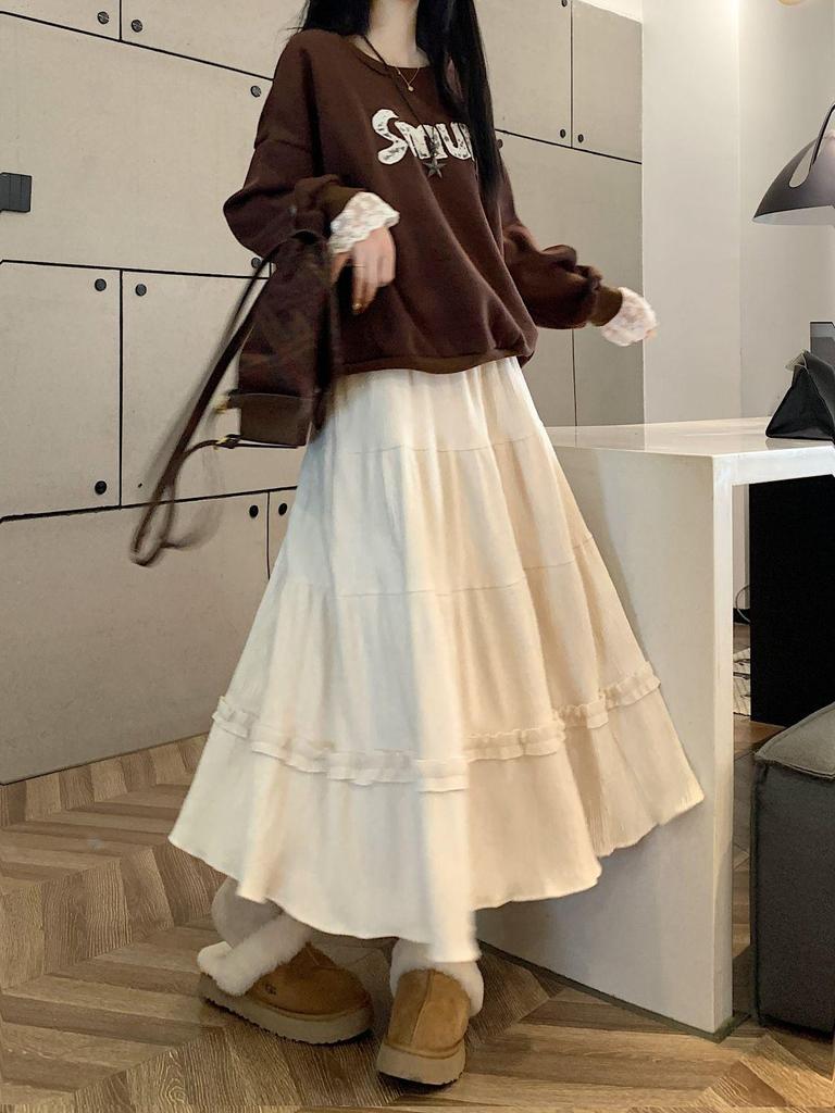 Women's High Waist Corduroy A-Line Mid-Length Skirt with Lace - Autumn/Winter 2025