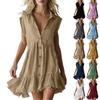 Women Button Down Shirt Dress Ruffle Hem Pocket Cotton Linen Sleeveless Casual Mini Dress for Everyday Wear
