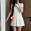 Women's White Cable Knit Patchwork Dress with Polo Collar and Pleated Skirt – Slim Fit Summer Mini Dress
