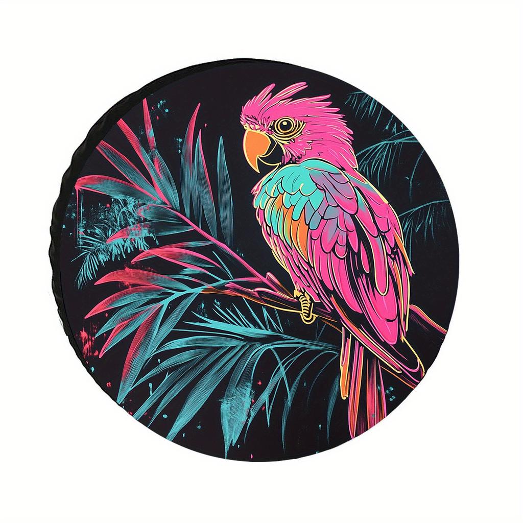 Cyber Neon Parrot Spare Tire Cover, Tropical Explosion, Cool Trendy Pattern, Durable Polyester Fiber