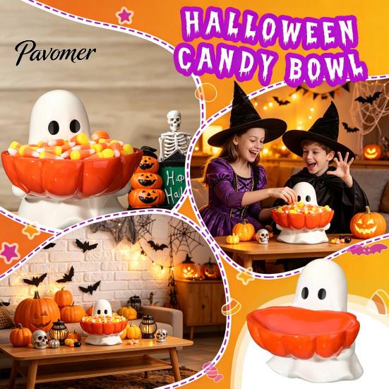 Cute Ghost Figurine Halloween Candy Bowl, Pumpkin Shaped Dish, Spooky Serving Party Food Holder Tray for Cookie, Dessert, Trick or Treat Decor