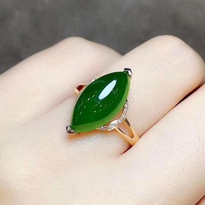 New Olive-Shaped Simulation Hetian Jasper Chalcedony Temperament Open Ring For Women, 24K Gold-Plated Hand Jewelry.
